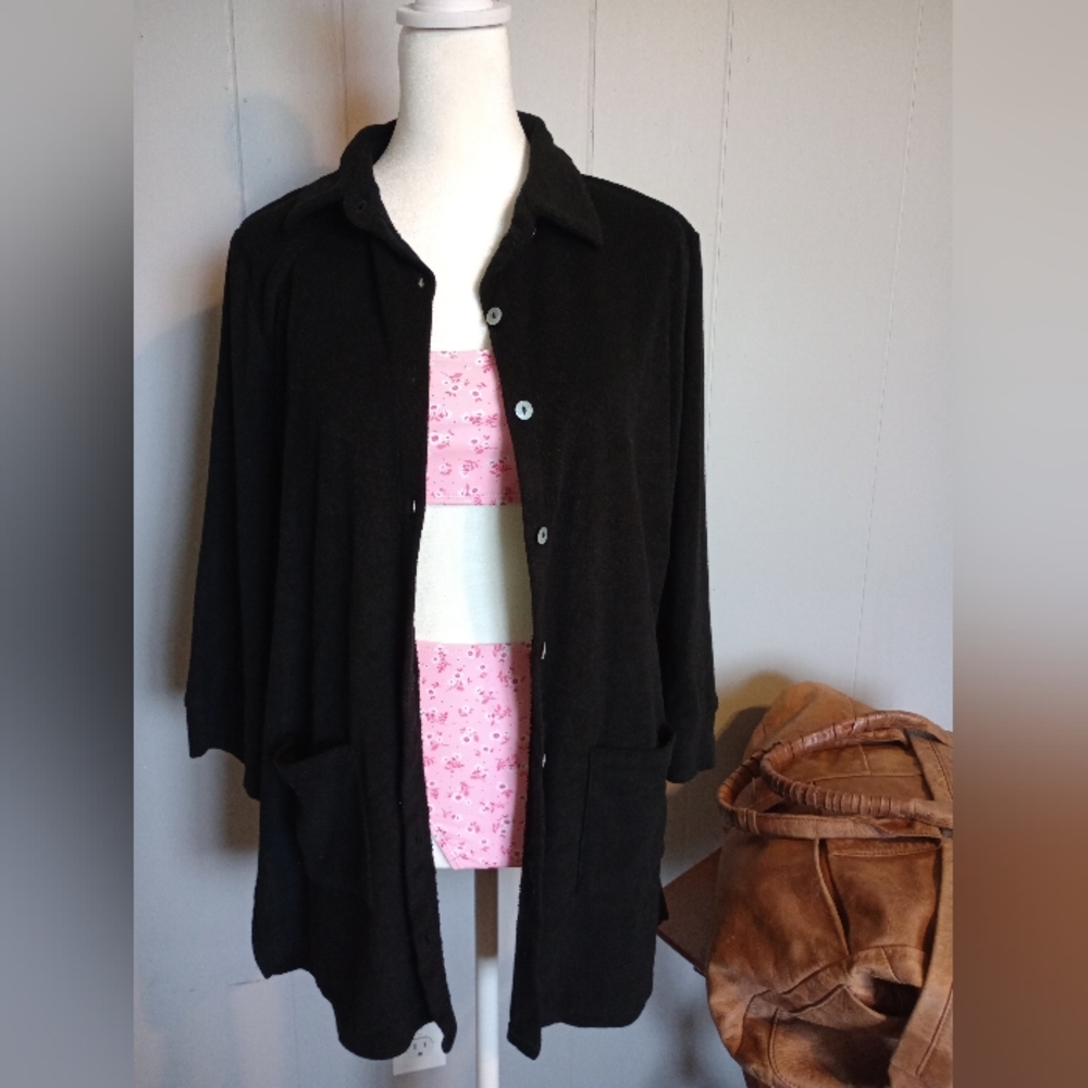 Belle Beach Black Button-Front Terry Cloth Poolside Cover Up Tunic Size Small